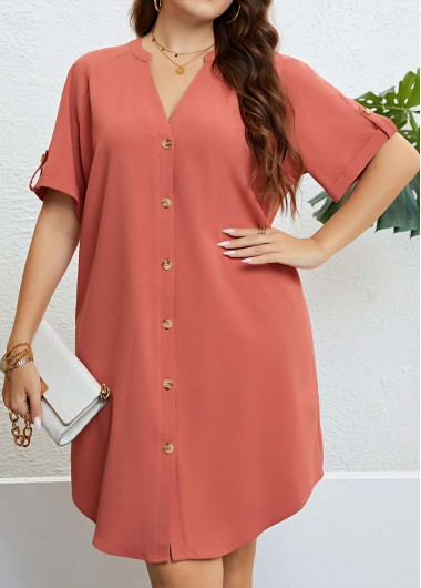 Plus Size Button Coral V Neck Blouse