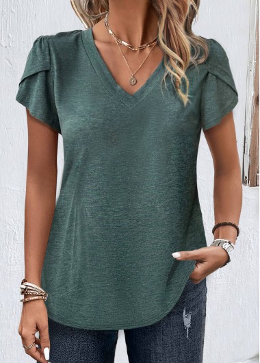 Green tops,Plain Color tops,ROTITA Green V Neck Short Sleeve T Shirt