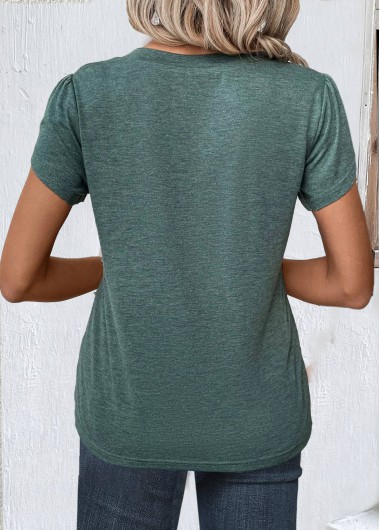 Green tops,Plain Color tops,ROTITA Green V Neck Short Sleeve T Shirt