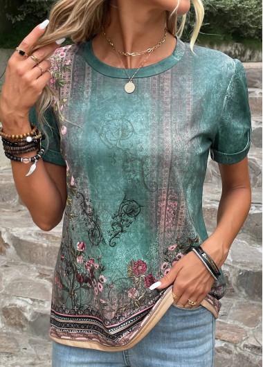 Floral Print Green Round Neck T Shirt