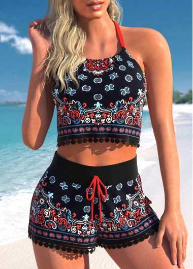 Black swimwear,Tribal swimwear,Floral swimwear,Leopard swimwear,Dot swimwear,ROTITA Drawstring Black Tribal Print High Waisted Bikini Set