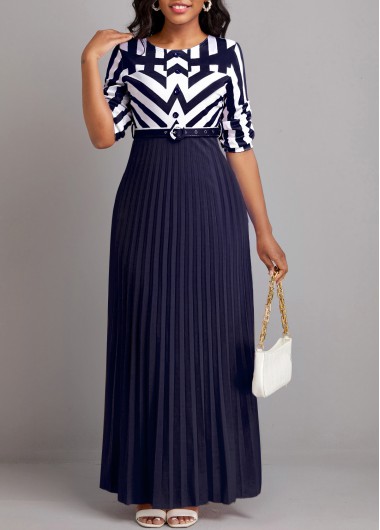 Navy dresses,White dresses,Geometric dresses,Striped dresses,ROTITA Button Geometric Print Pink Belted Maxi Dress