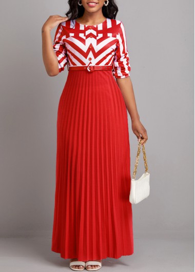 Red dresses,White dresses,Geometric dresses,Striped dresses,ROTITA Button Geometric Print Pink Belted Maxi Dress