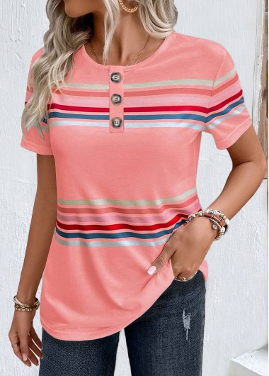 Pink tops,Striped tops,Geometric tops,ROTITA Striped Pink Round Neck Short Sleeve T Shirt