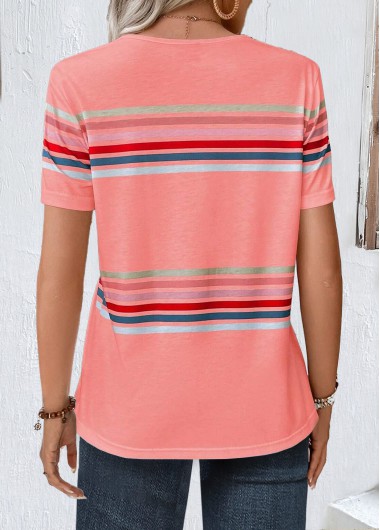 Pink tops,Striped tops,Geometric tops,ROTITA Striped Pink Round Neck Short Sleeve T Shirt