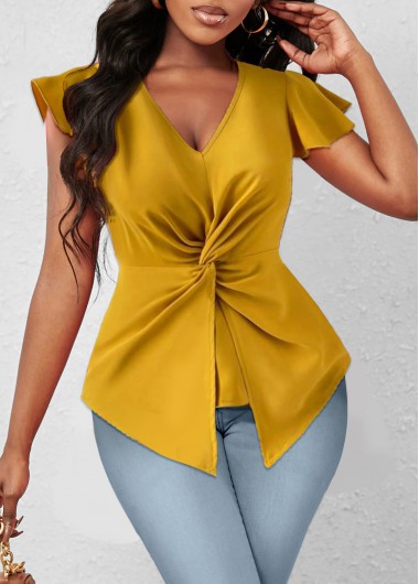 Ginger tops,Plain Color tops,ROTITA Twist Ginger V Neck Short Sleeve T Shirt