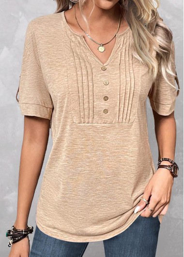 Light Camel tops,Plain Color tops,ROTITA Button Light Camel Split Neck T Shirt