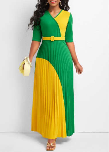 ROTITA Pleated Green Belted V Neck Maxi Dress