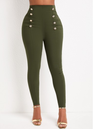 Button Green Skinny Elastic Waist High Waisted Pants