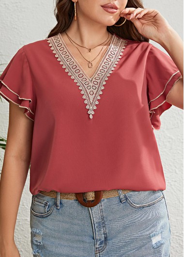 Plus Size Ruffle Coral V Neck T Shirt