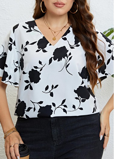 Plus Size Ruffle White Floral Print T Shirt
