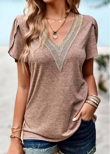 Patchwork Light Coffee V Neck T Shirt
