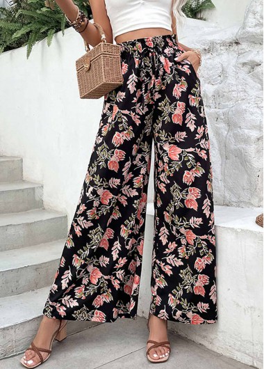 Black bottoms,Floral bottoms,Plants bottoms,Lightweigh Floral Print Black Elastic Waist Pants