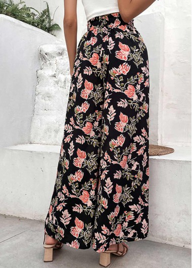 Black bottoms,Floral bottoms,Plants bottoms,Lightweigh Floral Print Black Elastic Waist Pants