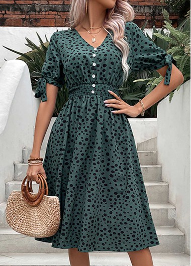 Button Polka Dot Blackish Green V Neck Dress