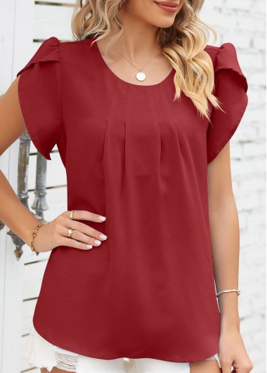 Ruched Wine Red Round Neck T Shirt