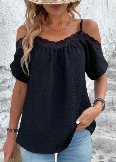 Lace Black V Neck Short Sleeve T Shirt