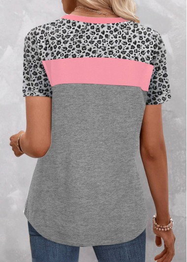 Pink tops,Grey tops,Leopard tops,Geometric tops,ROTITA Patchwork Leopard Pink Round Neck T Shirt
