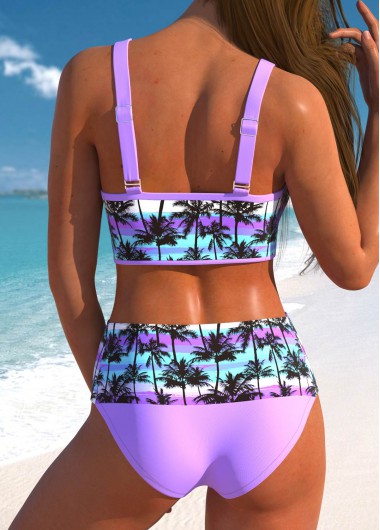 Light Purple swimwear,Plants swimwear,Striped swimwear,Geometric swimwear,ROTITA Patchwork Light Purple Tropical Plants Print Bikini Set