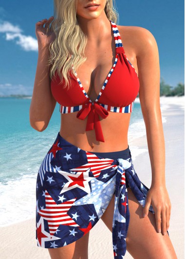 Multi Color swimwear,Geometric swimwear,Striped swimwear,Galaxy swimwear,ROTITA Three-piece Multi Color Geometric Print Bikini Set