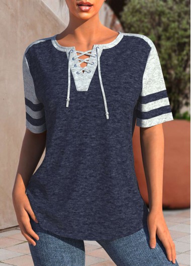 ROTITA Patchwork Navy Lace Up Collar Short Sleeve Blouse