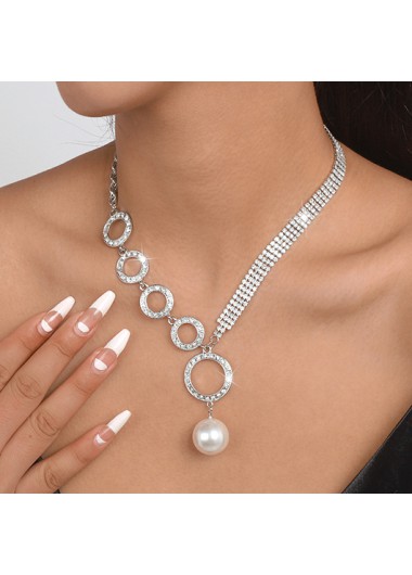 Pearl Design Rhinestone Silvery White Asymmetry Necklace