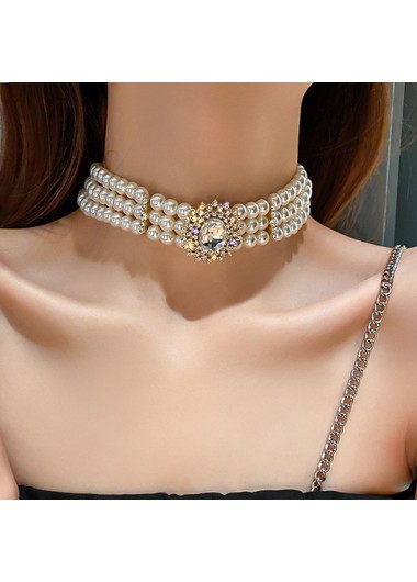 Pearl Design Rhinestone Detail Gold Metal Necklace