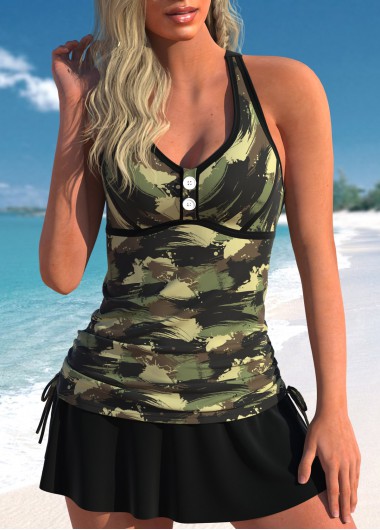 ROTITA Drawstring Olive Green Camouflage Print Tankini Set