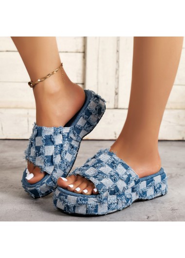 Plaid Denim Blue Low Heel Open Toe Slippers