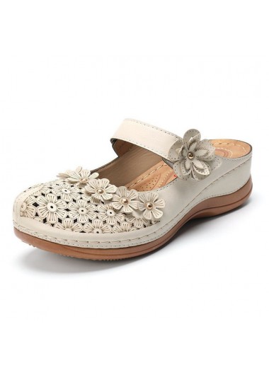 Beige Floral Low Heel Round Toe Sliders