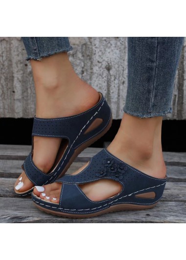 Dark Blue Low Heel Peep Toe Sliders