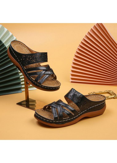 Black Low Heel Open Toe Cross Sliders