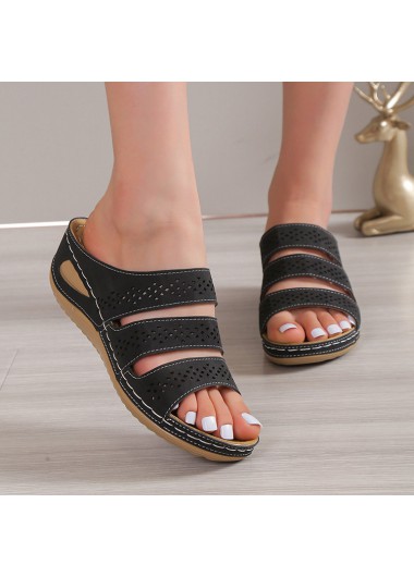 Hollow Black Low Heel Open Toe Sliders