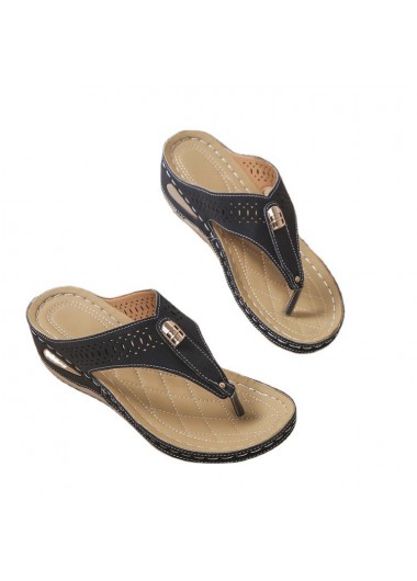 Hollow Black Mid Heel Toe Post Sliders