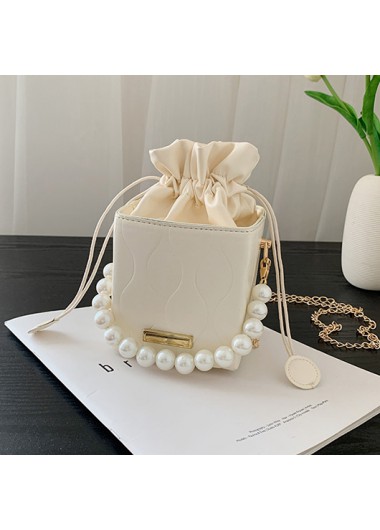 Pearl Detail White Chains Zip Shoulder Bag