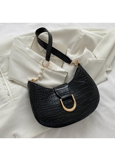 Pearl Detail Black Zip Shoulder Bag