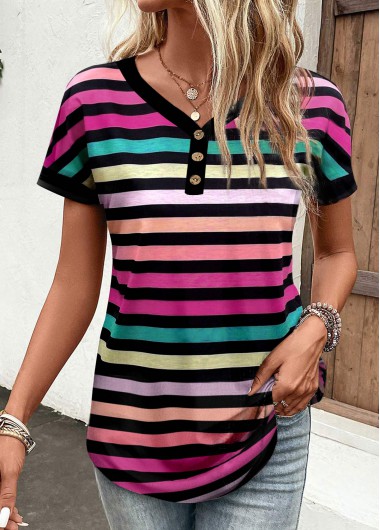 Multi Color tops,Rainbow Color tops,Striped tops,Geometric tops,ROTITA Button Striped Multi Color V Neck T Shirt