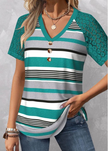 Cyan tops,Striped tops,Geometric tops,ROTITA Patchwork Striped Cyan V Neck T Shirt