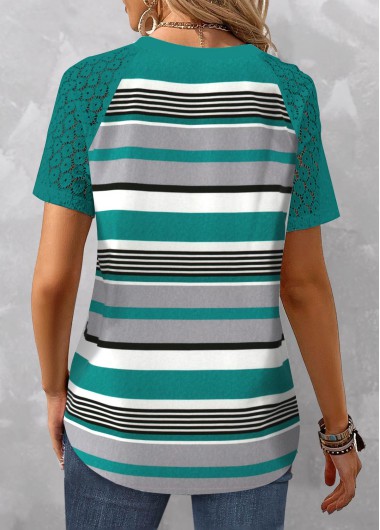 Cyan tops,Striped tops,Geometric tops,ROTITA Patchwork Striped Cyan V Neck T Shirt