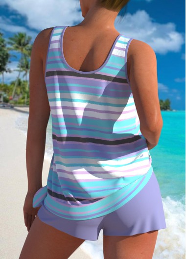 Dusty Purple swimwear,Striped swimwear,Geometric swimwear,ROTITA Bowknot Dusty Purple Multi Stripe Print Tankini Set