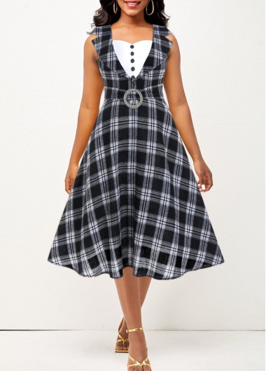 ROTITA Circular Ring Plaid Black Heart Collar Sleeveless Dress