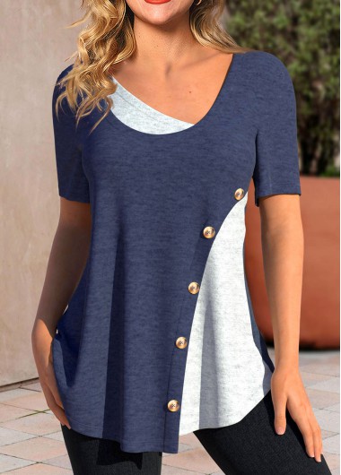 ROTITA Patchwork Navy Asymmetrical Neck Short Sleeve T Shirt