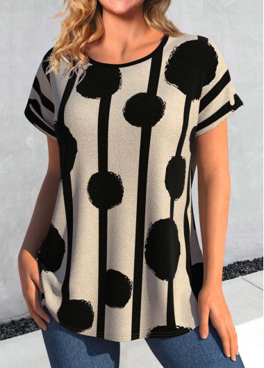 Dark Camel tops,Black tops,Geometric tops,Striped tops,ROTITA Geometric Print Dark Camel Round Neck T Shirt