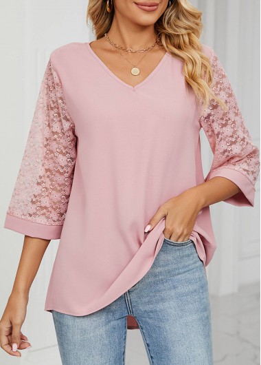 Lace Patchwork Light Pink V Neck T Shirt
