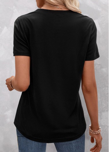 Black tops,Striped tops,ROTITA Asymmetry Striped Black Round Neck T Shirt