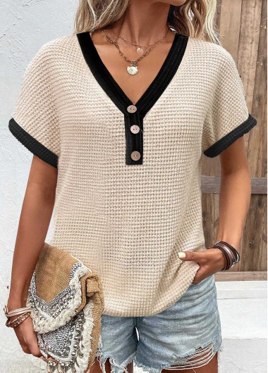 Beige tops,Contrast Color tops,ROTITA Button Beige V Neck Short Sleeve T Shirt