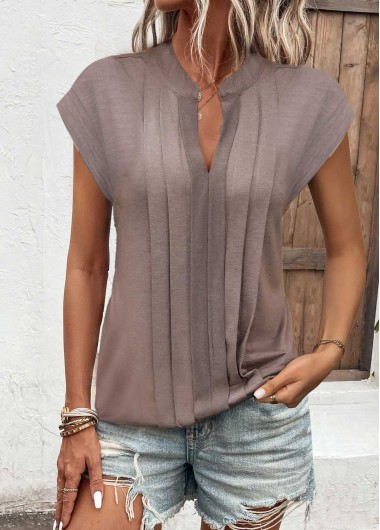 ROTITA Tuck Stitch Dark Coffee Split Neck T Shirt