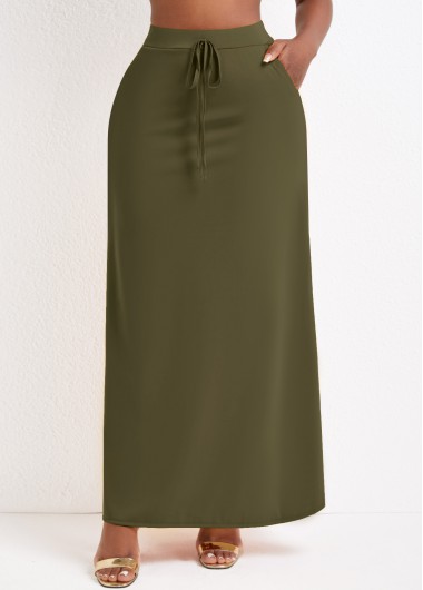 Olive Green bottoms,Plain Color bottoms,Pocket Olive Green Drawastring A Line Maxi Skirt