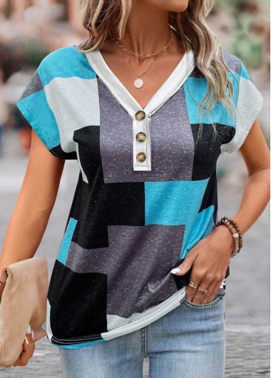 ROTITA Patchwork Geometric Print Multi Color T Shirt