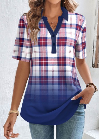 Multi Color tops,Plaid tops,Striped tops,Geometric tops,Ombre tops,ROTITA Button Plaid Multi Color Split Neck Short Sleeve Blouse